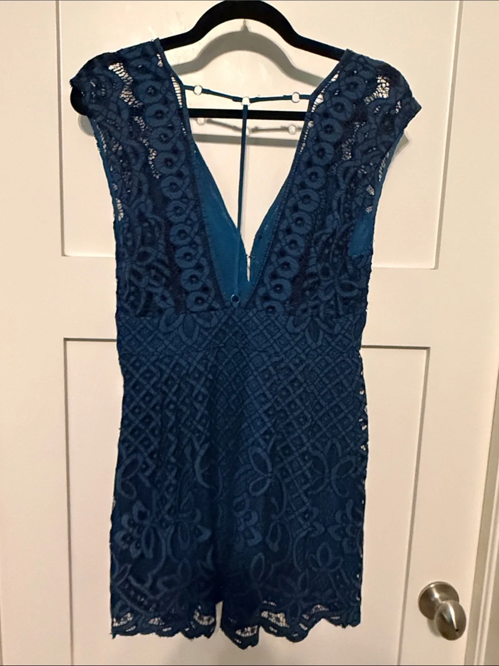 Free People One Million Lovers Teal Navy Crochet Lace V-Neck Mini Dress Size 4